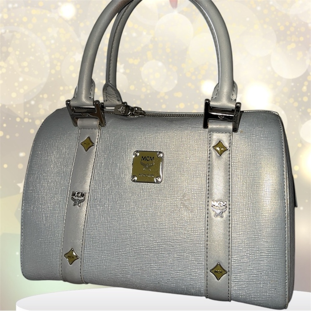 AUTHENTIC MCM 🩶Silver Studded Saffiano leather Boston Handbag EUC - Picture 4 of 16